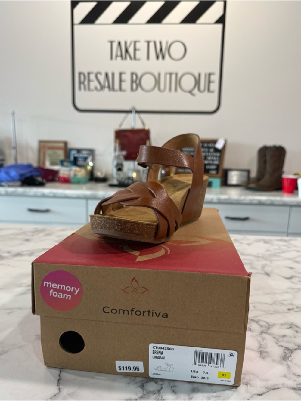 Comfortiva Brown Leather Wedge Sandal with Ankle Strap